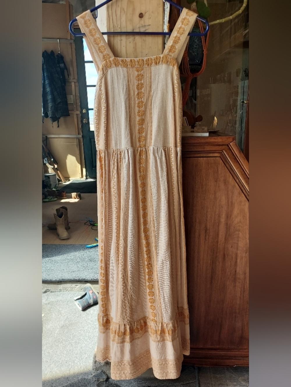 Boho Maxi Sundress in Cream with Golden Embroidery